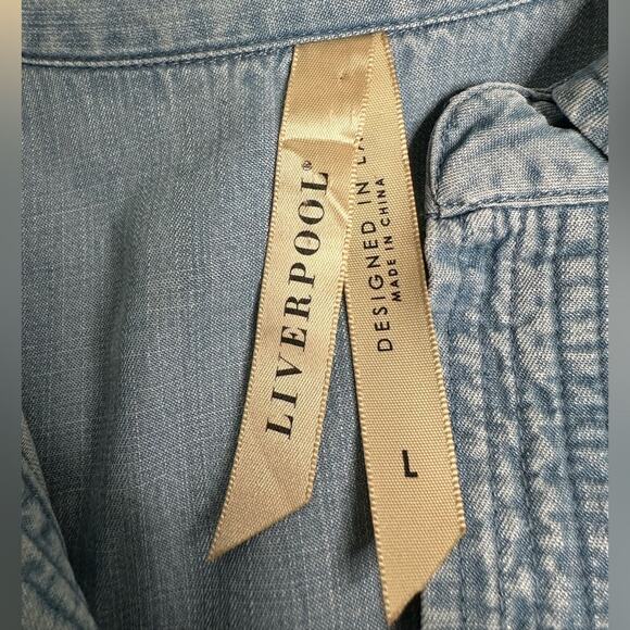 Liverpool Blue Chambray Long Sleeve Collared Blouse - Picture 4 of 9